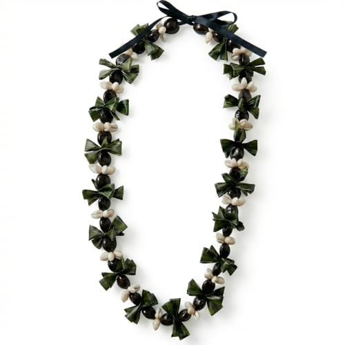 Janinka 42 Extra Large Hawaiian Graduation Black Kukui Nut Leis with Ti leaf Lei Handmade Flower Necklace Ribbon Bow Tie Grad Gift for High School College Women Men Hawaiian Graduation Party Gift