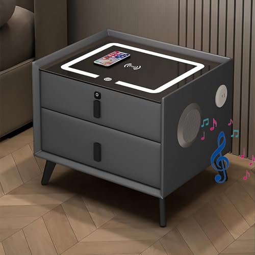 HJYBFA Mesita de Noche Inteligente Carga inalámbrica, 2 Puertos USB y 1 Puerto Tipo C, Altavoces estéreo envolventes y luz LED con desbloqueo por Huella Dactilar (Gris, 2 Cajon