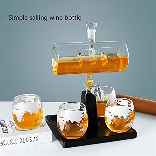 Decanter Plant zeilboot Decanter whisky fles met 4 geëtste globe whisky bril, en massief houten frame, voor scotch… - Image 5