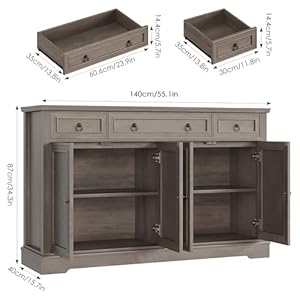FINETONES Buffet Cabinet with Storage, 55.1" Large Sideboard Buffet Cabinet, White Kitchen Cabinet with 3 Drawers and 4 Doors, Wood Coffee Bar Cabinet for Kitchen Dining Room, Ash Grey FINETONES Buffet Cabinet with Storage 551 Large Sideboard Buffet Cabinet White Kitchen Cabinet with 3 Drawers and 4 Doors Wood Coffee Bar Cabinet for Kitchen Dining Room Ash Grey