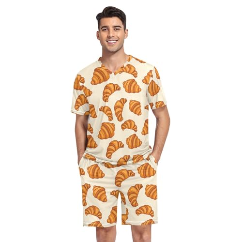 Laprad Men's Crunchy Croissants Pajamas Set Short Sleeve Sleepwear Comfortable Loungewear V-Neck with Pockets Nightwear