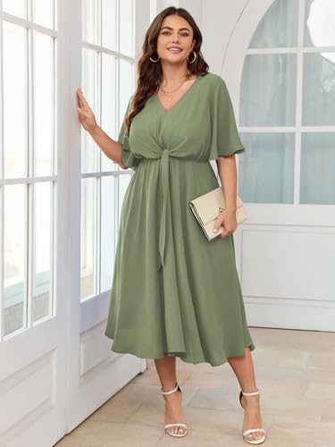 Image of SCOMCHIC Women Plus Size Midi Dresses Wedding Guest Short Sleeve V Neck Tie Waist Casual Summer Flowy A Line Dress