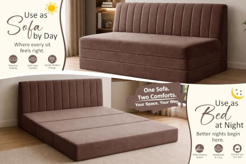 Image of 3-Seater Velvet Sofa Cum Bed | Convertible Sleeper Sofa | Modern Foldable Couch for Living Room, Bedroom & Office | Brown
