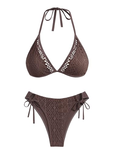 AFUL Women's Halter Triangle Bikini Set Crochet Boho Floral Swimsuit