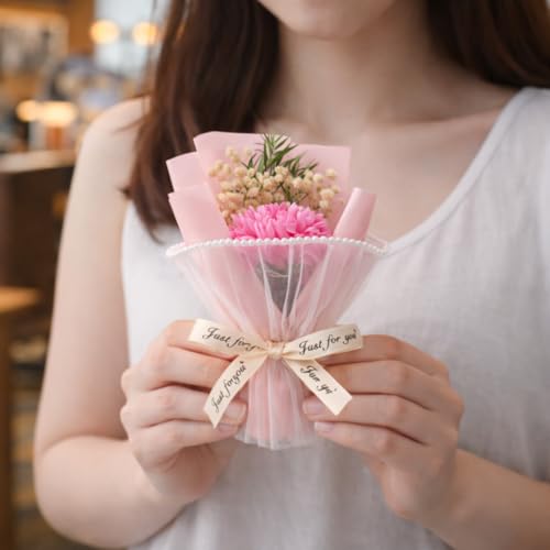 Image of Mini Artificial Chrysanthemum Flower Bouquet with Pearl Net Wrap & inchJust for You inch Ribbon | Small Gift for Valentine, Birthday, Proposal, Home & Desk Decor (Pink)