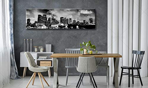 Image of Black and White Los Angeles Skyline Canvas Wall Art Framed 13.8 inch x 47.3 inch | Panoramic Skyline Print, Ready to Hang for Bedroom, Office, Living Room Decoration