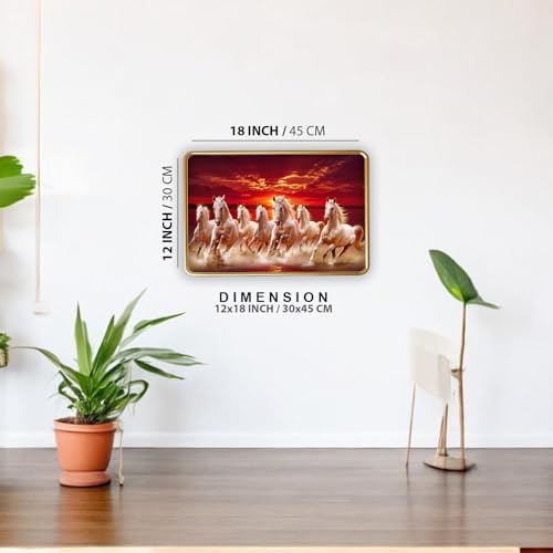 Image of Vastu 7 Seven Running Horse Photo Frame, Golden Slim Frame, Sparkle Coated Lamination, 30x45 cm (Design 18)
