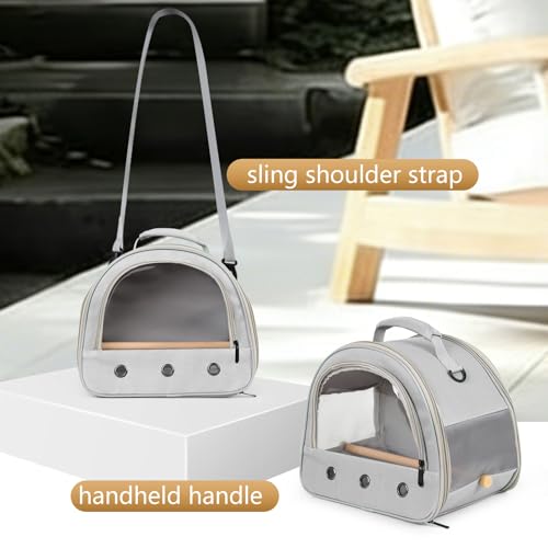 Image of Bird Carrier, Portable Small Bird Parrot Parakeet Carrier with Standing Perch and Stainless Steel Tray, Side Access Window Collapsible (Grey, Horizontal Perch)
