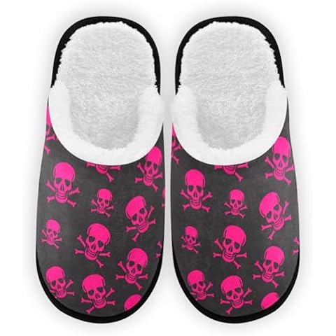 Umidedor Pink Skull Slippers for Women Girl Soft Non-Slip Indoor House Slippers Home Shoes for Bedroom Hotel Travel Spa