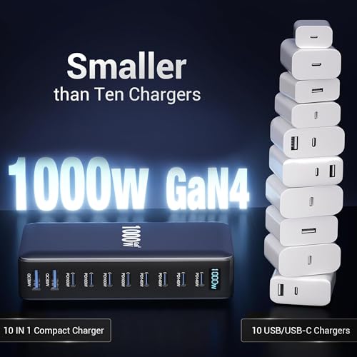 Image of MX 1000W GaN Charging Station, 10 Port USB C Fast Charger (8 USB-C + 2 USB-A), PD 140W Desktop Charger for MacBook, iPhone, Android & Laptops