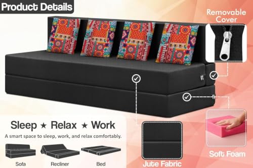Image of Rosebell Four Seater Foldable Sofa Cum Bed (6x6 Feet) Jute Fabric, Washable Removable Cover, Includes 4 Cushion | Space Saving Sofa Bed for Home, Office & Guests - Black