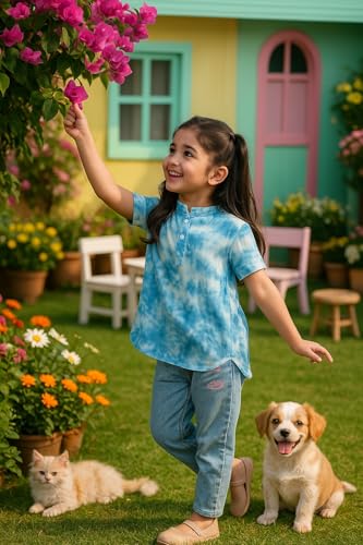 Image of Maaesa Girls Sky Blue Tie & Dye Rayon A-Line Top | Short Sleeves | Mandarin Collar Neck | Lightweight & Breathable | Casual