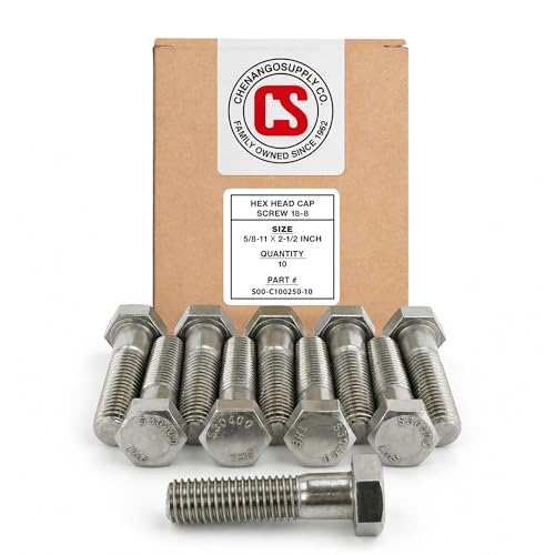 Image of Chenango Supply 5 /8-11 x 2-1 /2 inch Stainless Steel Hex Head Bolts - 304 Stainless, USS Coarse Thread, 100,000-125,000 PSI Tensile Strength, Corrosion-Resistant Hardware Bolts, (10 Pieces, 5 /8-11 x 2.5)