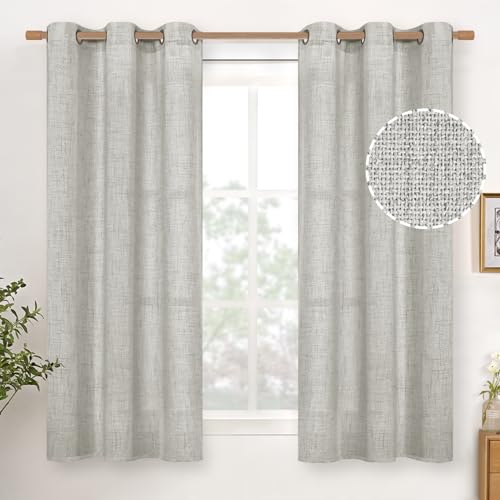 YoungsTex Light Grey Linen Curtains 48 Inch Length, Short Light Filtering Drapes Semi Sheer with Bronze Grommet Lightweight for Bedroom Living Room Windows, 42 x 48 Inch, 2 Panels