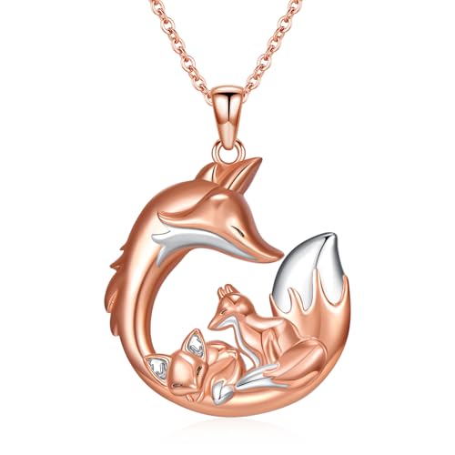 Fox Pendant Necklaces S925 Sterling Silver Animal Fox Heart Necklace Two Tone Fox Necklaces Mothers Day Birthday Christmas Jewelry Gifts for Women Mom Wife