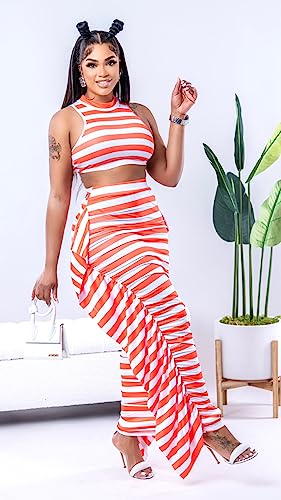 Image of YUEWOO 2 Piece Outfits for Women Sexy Crop Top Ruched Bodycon Maxi Dresses Fringe Skirt Sets Night Club Jumpsuits