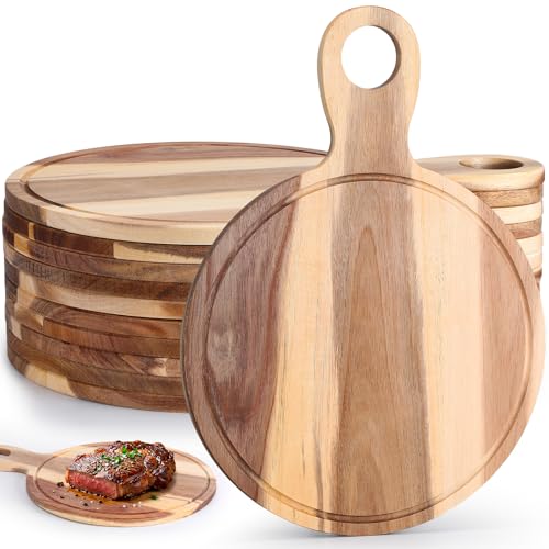 Image of 10 Pcs Acacia Wood Cutting Board with Handle Bulk 15.8 x 11.4'' Round Charcuterie Chopping Board for Pizza Cheese Meat Decorative Natural Wooden Serving Tray for Kitchen and Dining Room