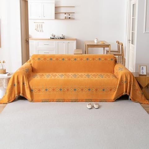 VanderHOME Boho narzuta szenilowa, miękka narzuta, na sofy, nadaje się do prania, koc na łóżko, fotele, do salonu, 180 x 130 cm, pomarańczowy