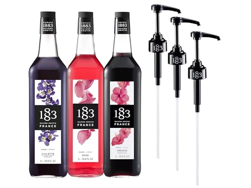 Image of 1883 Lavender, Rose, Hibiscus Syrups with Pumps (Floral Flavors) for Coffee & Drinks - 1 Liter Glass Bottles (Pack of 3)