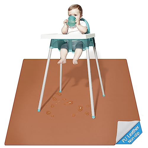 Image of Splat Mat for Under High Chair, 51in PU Waterproof Dirt-Proof Anti-Slip High Chair Mat, Washable Multipurpose Splash Mat Floor Protector Tablecloth Portable Picnic Mat (Brown)