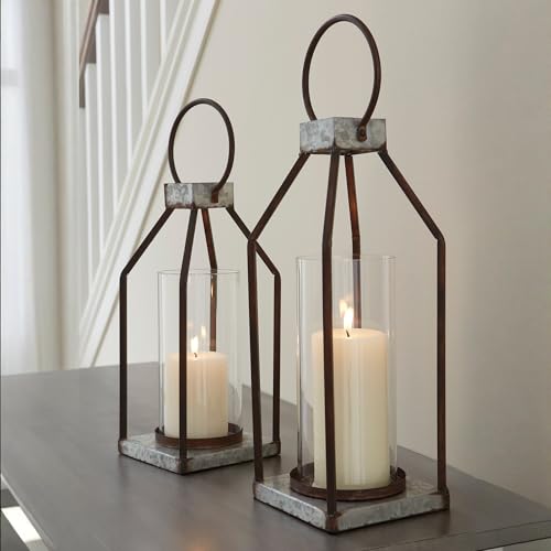 Signature Design by Ashley Diedrick Rustic Lantern, Set of 2, Indoor/Outdoor, Galvanized Metal, Antiqued Finish, Glass Shade, Holds 3 in. Pillar Candles (Not Included), 19" &17", Gray and Black - image 2