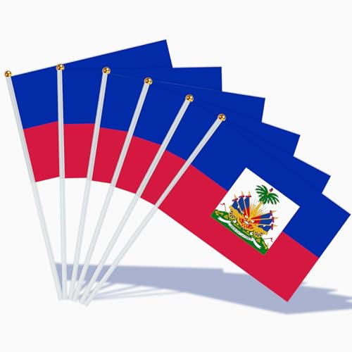 AhfuLife Petit Drapeau Haïti – 15 Pièces Mini Drapeaux Haïtiens avec Poteau Blanc 30 cm, Décoration Jardin, Bar, Coupe du Monde, Fête Nationale
