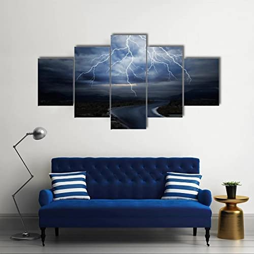 Tableau deco orage éclair 5 pièces pour salon moderne grand format 150x100 cm avec cadre en bois