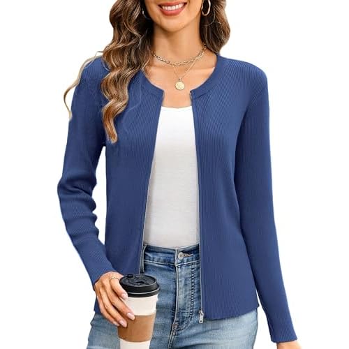 Totatuit Women's Long Sleeve Zip Up Sweater Lightweight Cardigan Crew Neck Tops Zipper Knitted Jacket X-Large Denim Blue