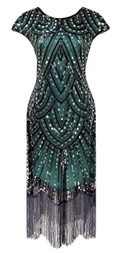 Letter Love Women 1920s Vintage Flapper Fringe Beaded Gatsby Party Dress With 20s Accessories Set (XL, Style 2-Gold Green) - Thumbnail 3