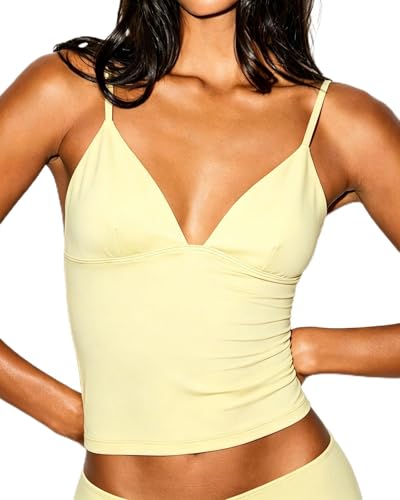 SUUKSESS Women Sexy Deep V Neck Sleeveless Fitted Basic Tops Y2K Tank Top Cami