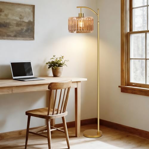 Image of QIYIZM Glass Floor Lamp for Living Room,Bedroom,Gold Dimmable Standing Lamp with Remote,Mid Century Modern Brass Tall Lamp Boho Vintage Retro Floor Lamps Arc Amber Flower Floor Light Lamp Bohemian