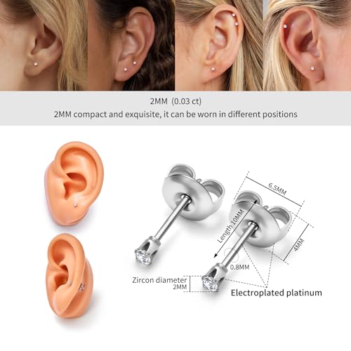 316L Steel CZ Stud Earrings for Women, Silver, 2mm 7 Pairs by DGhera - Used condition - Image 4