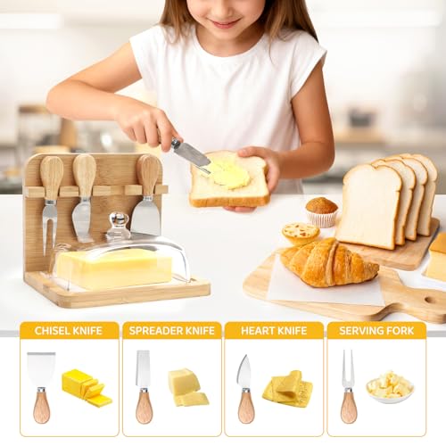 2-In-1 Butter Dish with Lid and Cheese Knife Holder - Includes 50Pcs Greaseproof Paper Sheets & 4 Cheese Knife, Countertop Butter Keeper