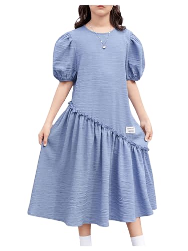 SweatyRocks Girl's Puff Short Sleeve Ruffle Dress Summer Casual Holiday Loose Flowy Long Dress