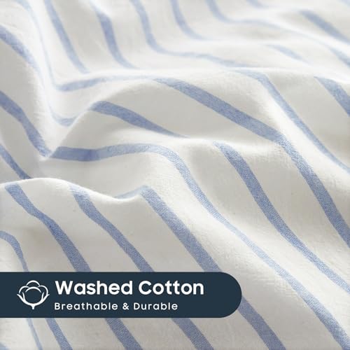Image of Wake In Cloud - Striped Cotton Duvet Cover Set, Ticking Stripe Vertical Pinstripe Farmhouse, 100% Washed Cotton Textured Bedding Set, 3 Pieces, Blue White, King Size
