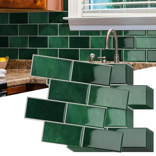 10 Stück Upgrade Dickere Fliesenaufkleber Klebefliesen Wandfliesen, Wasserdicht Metro Fliesen Selbstklebend Wandverkleidung für Küche Bad,Spritzschutz Vinyl Fliesen(Dunkelgrün,32x 26,9cm)