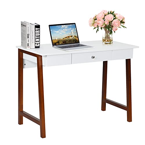 GIANTEX Escritorio de Madera con 1 Cajón, Mesa de Ordenador con Superficie Grande, Patas de Madera Maciza, Escritorio para Estudio y Oficina, de Estilo Moderno, 106,5 x 50 x 75,5 cm (Marrón)
