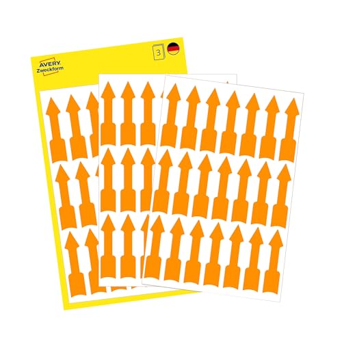 AVERY Zweckform 3008 selbstklebende Pfeiletiketten (Pfeil Aufkleber im Format 39x9 mm, permanent haftend, 63 Pfeil Sticker auf 3 Bogen, Hinweispfeile zum auffälligen Kennzeichnen) neon orange
