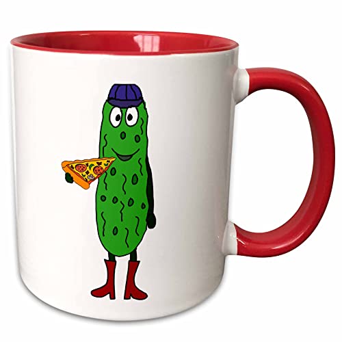 3dRose Funny Cute Pickle Eating Pizza Slice 11oz Two-Tone Red Mug
