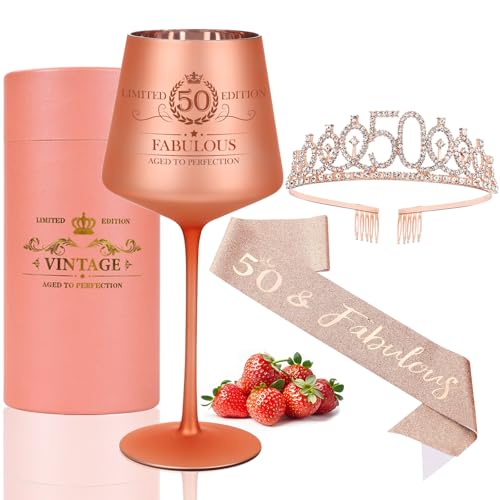 Cyrelwing 50TH Birthday Gifts for Women,Vintage Engraved 50th Wine Glass,50 Year Old Birthday Decorations For Her,50&Fabulous Sash and Tiara For Women,Friends,Sister-Turning 50th Party Favor Supplies