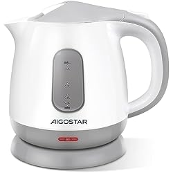 Aigostar Juliet - Hervidor de Agua Compacto de 1 Litro, 1100W, Hervidor Pequeño, Indicador de Doble Nivel de Agua, Filtro Antical Desmontable, Base 360º,Libre de Bpa, Plástico, Gris y Blanco