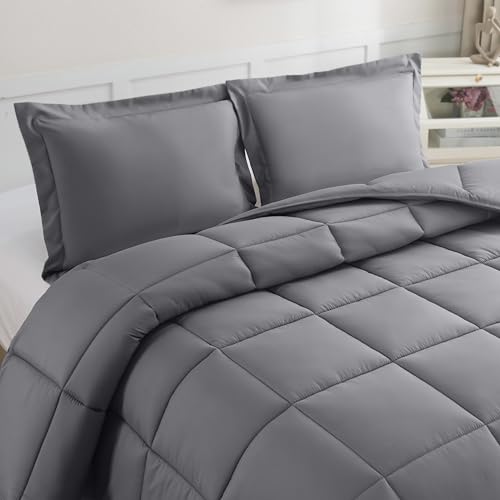 Elegant Comfort 3-Piece Box Stitched Down Alternative Comforter with Shams - Ultra Soft for All Season Duvet Insert with Corner Tabs, Plush Cozy 3PC Comforter Set, Oversize King, Gray