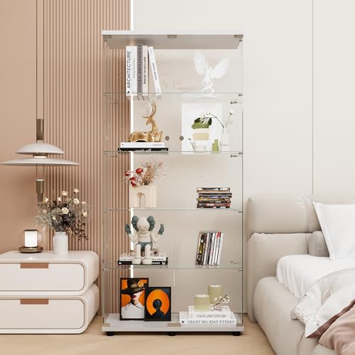 Curio Cabinets with Tempered Glass Doors - 5-Shelf Double Door China Cabinet for Display and Collectibles - White