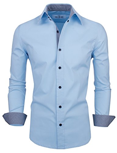 TAM WARE Mens Classic Slim Fit Contrast Inner Long Sleeve Dress Shirts TWNMS314-1-317-SKY-US L