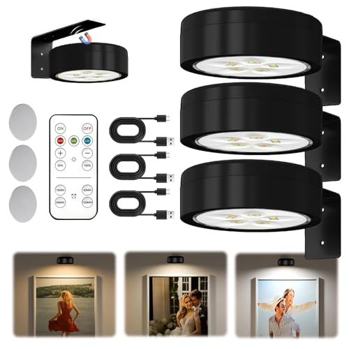 Bildbeleuchtung Kabellos mit Fernbedienung, 3 Stück Magnetisches LED Bilderleuchte Dimmbar & Wiederaufladbar, Bild Licht 3 Lichtfarben, Bilderrahmen Licht, Bilderlampe für Wand, Regal, Bilder