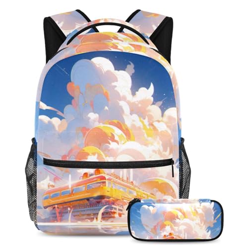 Cartable motif avion orange haut de gamme avec trousse assortie pour l'école