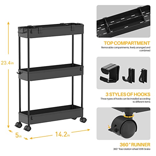 Spacelead Slim Storage Cart,3 Tier Bathroom Rolling Slide Out Utility Cart, Mobile Shelving Unit Organizer Trolley For Office Bathroom Kitchen Laundry Room Narrow Places, Black #TOP3
