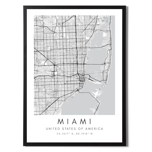 Carte de Miami affiche A4 noire et blanche pour salon contemporain et chambre