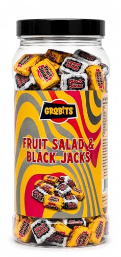 GROBITS - Fruit Salad & Black Jacks Retro Sweets Gift Jar (535g) Original Fruit Salad & Black Jacks Pick & Mix Traditional British Sweets Sharing Jar for Birthday Fathers Day & Gift Giving
