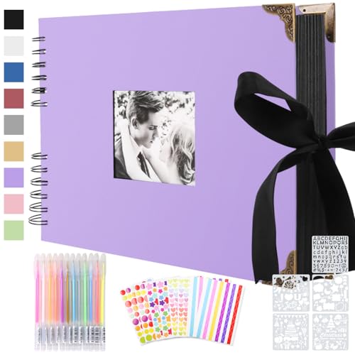 Album de Fotos Scrapbook Espiral, 80 Páginas Violeta DIY Scrapbooking Album Set con 2 Photo Corners 6Pcs Pegatinas, 5 Plantillas, 12 Rotuladores de Colores, para Boda, Aniversario, Cumpleaños, Navidad